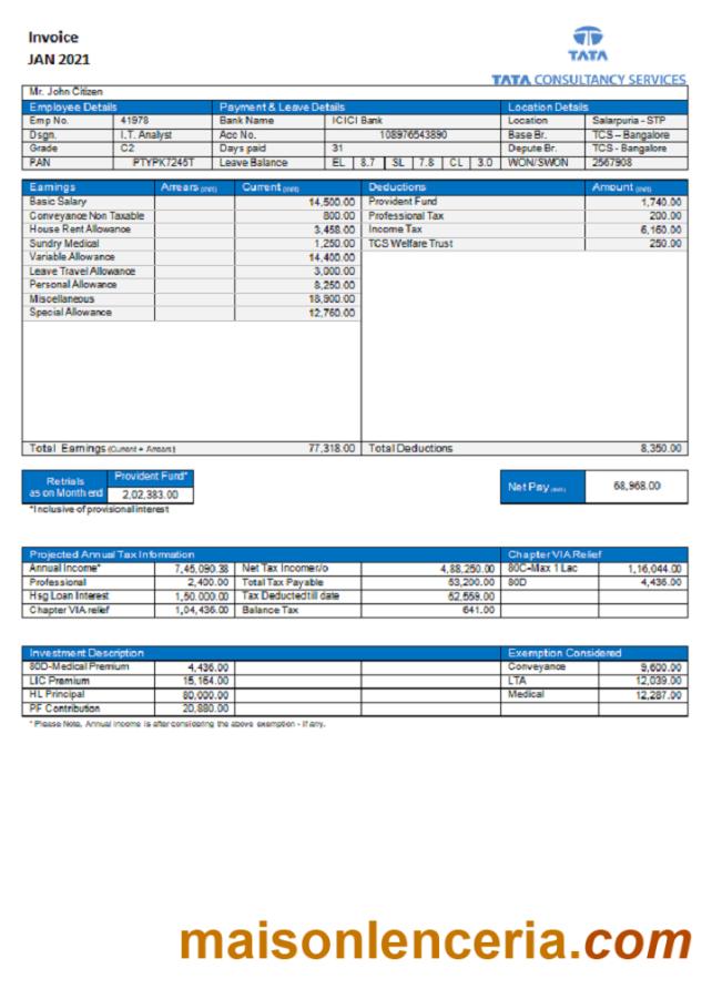 USA Tata Consulting Services faktura Word i PDF szablon